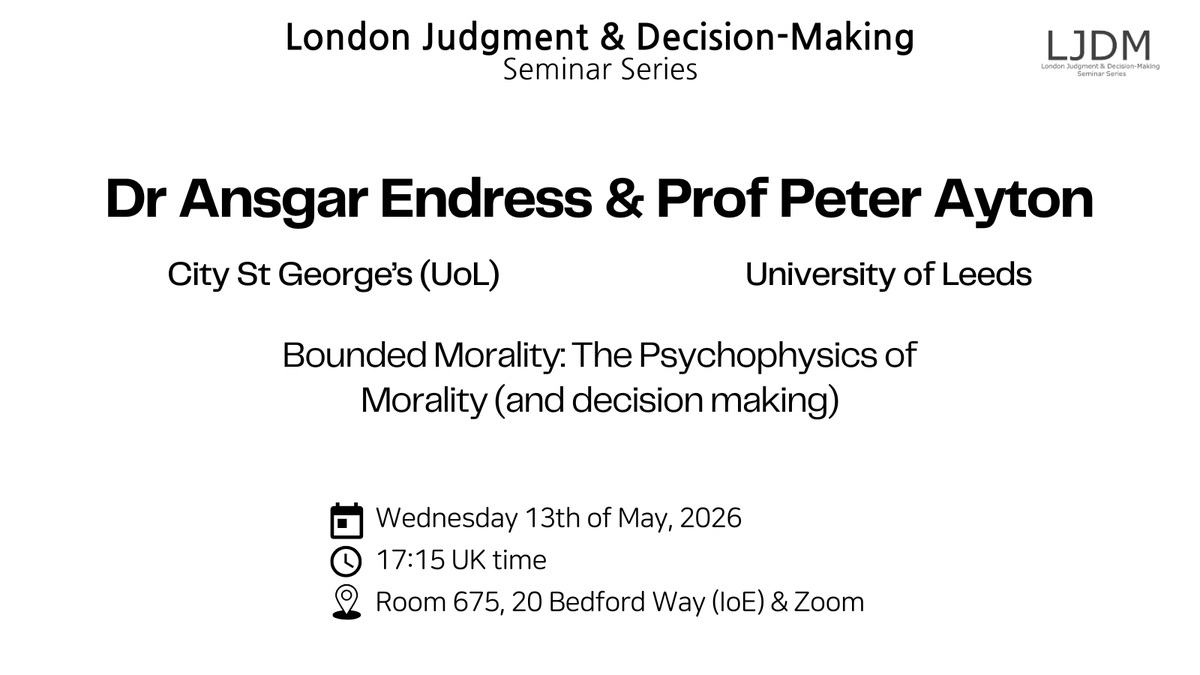 LJDM1's tweet photo. Next Wednesday (May 13th) we a have a unique double billing, with Dr @ansgarendress and Prof @Thruthal  giving a talk on the psychophysics of morality and decision making (full details: https://t.co/PRaCeK0kVh). Join us in person at UCL IoE or on Zoom! All are welcome! https://t.co/GGH7trCiOL