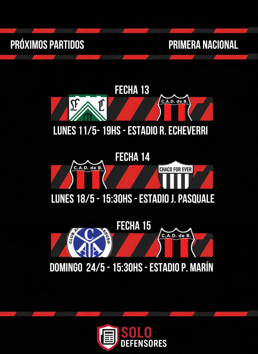 Para ir agendando 📝.

Te dejamos los días y horarios de los próximos tres encuentros de Defensores de Belgrano. 

Visitando Caballito y Boulogne y recibiendo al conjunto de Chaco.

#SoloDefensores 🔴⚫️🔴