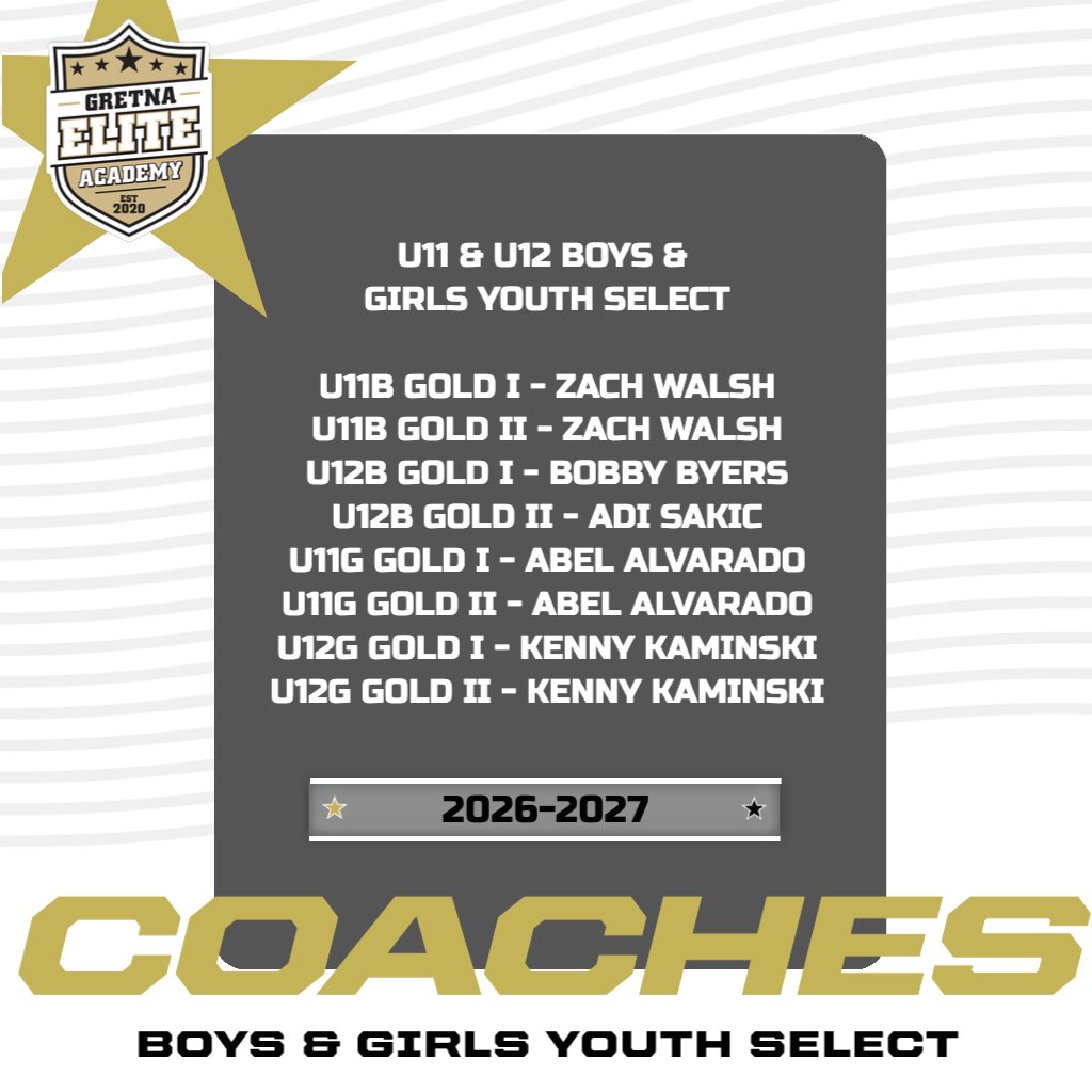 GretnaEliteAcad's tweet photo. 🚨 Youth Select &amp; Select Coaching Staff 2026/2027🚨

Tryout registration is LIVE at the link in our bio ⤵️

https://t.co/JWkX1KEbgL

* Select teams may play at the National One level if we feel it is in the best interests of the group &amp; their development needs * 

#Tryouts2026 https://t.co/99oFY87ZJY