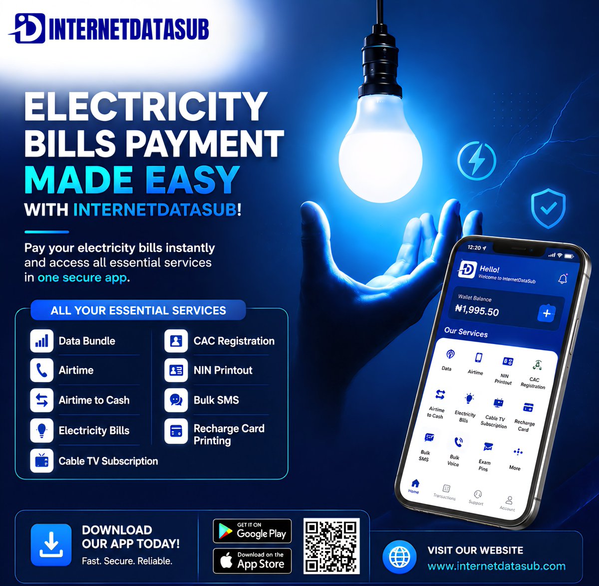 Internetdatasub's tweet photo. Light up your home without stress ⚡
Pay your electricity bills instantly with InternetDataSub and enjoy fast, smooth, and reliable digital services anytime, anywhere.

Download the app today and stay connected 💙

#InternetDataSub #VTU #ElectricityBills #BuyData #Airtime #NigeriaTech #NaijaDeals #DigitalServices #SMEInNigeria #DataBundle #BillPayments #TechInNigeria #CableTV #BulkSMS #RechargeCardPrinting #CACRegistration #NINPrintout #PalmPay #MadeEasy #Abuja