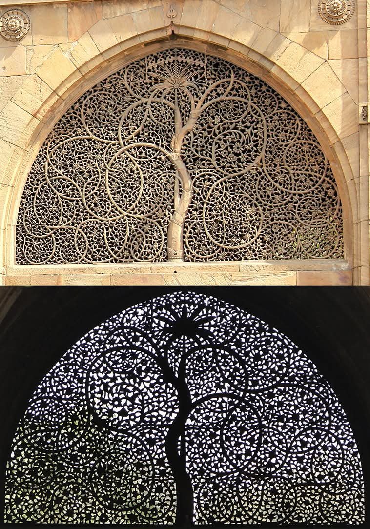 The iconic "Tree of Life" motif from the Sidi Saiyyed Mosque in Ahmedabad, India.
