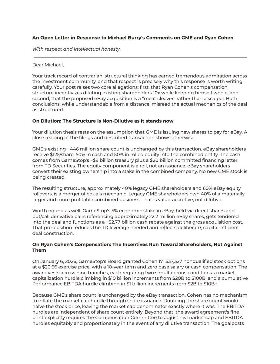 foxenflask's tweet photo. A respectful response to Michael Burry's letter published today, 5/7/26, commenting on Ryan Cohen and the $GME x $EBAY proposition (posting his letter in comments) https://t.co/S1bvLwRCXU