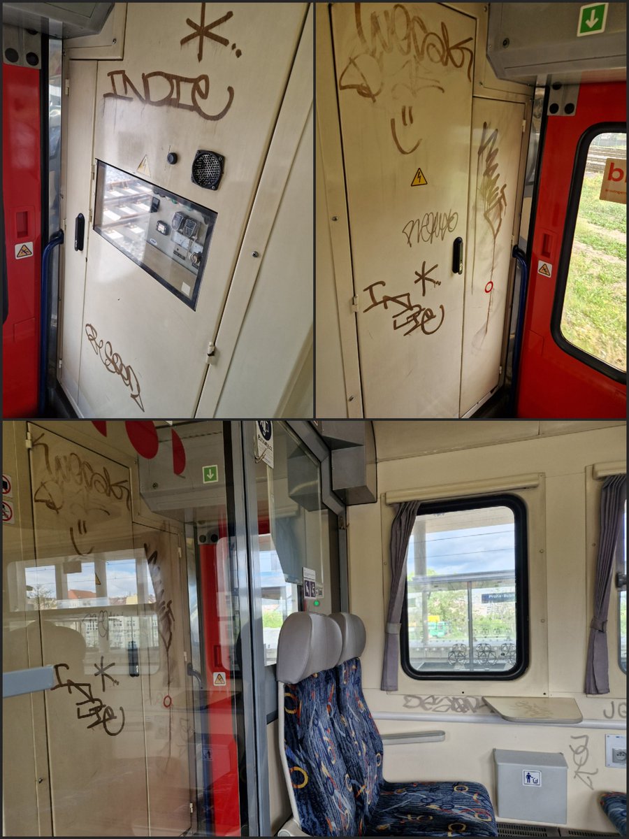 T_peripsen's tweet photo. Hydry jsou pryč a místo nich tady máme tyhle extrémně hlučné a nepohodlné Regionovy. Ty jsou navíc od prvního dne počmárané, protože se to před nasazením určitě nečistilo. Za tuhle náhradu by se měl @PIDoficialni fakt stydět

Možná proto se koncem 854 nechlubí ani @ceskedrahy_ https://t.co/Kup4qdjOHQ