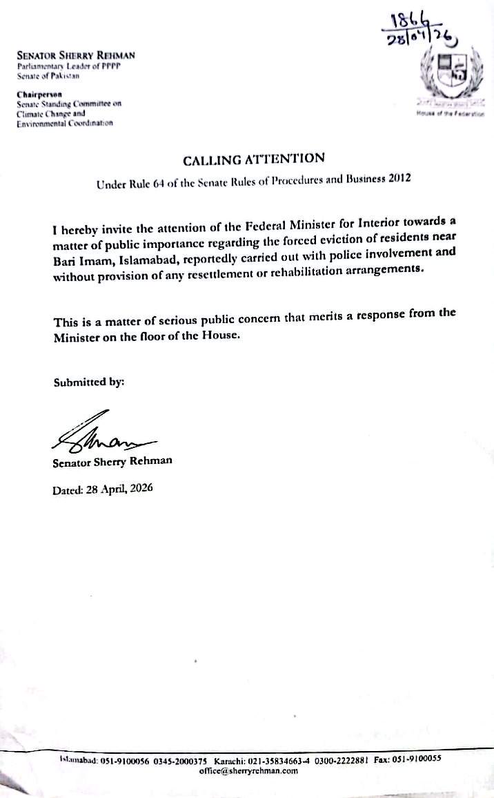 MalaikaSRaza's tweet photo. Thank you, Senator @sherryrehman for submitting the Calling Attention Notice in the Senate regarding forced evictions in the Bari Imam area. The residents there have lived in the community for decades! A durable solution is essential. Rather than relying solely on financial support, Govt should explore options to construct new housing for these families and to safeguard their right to secure shelter.