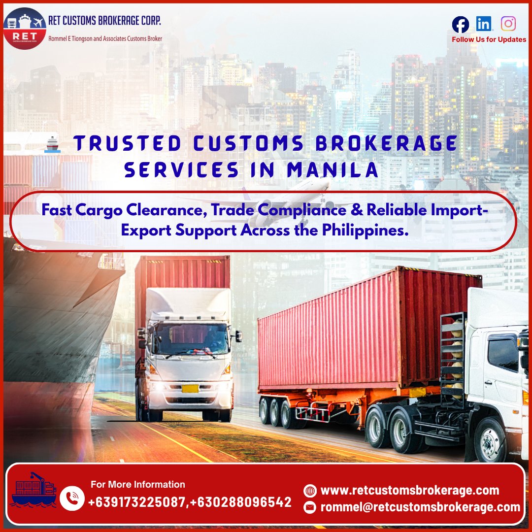 RETcustomsCorp's tweet photo. 🚢 Need Reliable Customs Brokerage in the Philippines?

RET Customs Brokerage delivers fast cargo clearance, trade compliance, and import-export support for growing businesses.

📧rommel@retcustomsbrokerage.com
🌐https://t.co/1RbI3RNjkP
#CustomsBrokerPhilippines #CargoClearance https://t.co/8nFnwiUEPr