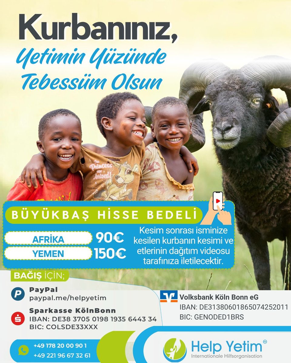 helpyetimeu's tweet photo. Bir Hisse, Bin Tebessüm!
Afrika’da, yoksulluğun ve mahrumiyetin yaşandığı topraklarda yolumuzu gözleyen kardeşlerimiz var. Sizin kurban bağışınız, sadece bir sofraya et değil; o kapılara bir kardeşlik selamı, bir umut ışığı götürüyor.
"Biz sahadayız, sizin emanetinizdeyiz." 
Hazırlık süreçlerimizden dağıtım anına kadar her aşamada şeffaflıkla hareket ediyoruz. Bu bayramda da Help Yetim güvencesiyle kurbanınız yetimlere bayram olsun.
Hisse Bedeli: 90€
#HelpYetim #Kurban #Afrika #Yetim

İletişim & Bağış için :
🏦 IBAN: DE38 3705 0198 1935 6443 34 (BIC: COLSDE33XXX)  
📞 İletişim: Whatsapp 
+49 178 20 00 90 1 
☎️ +49 221 96 67 32 61  
🌐 Web: https://t.co/iDIzIWAsfU
💸 PayPal: https://t.co/ywQwki5psZ