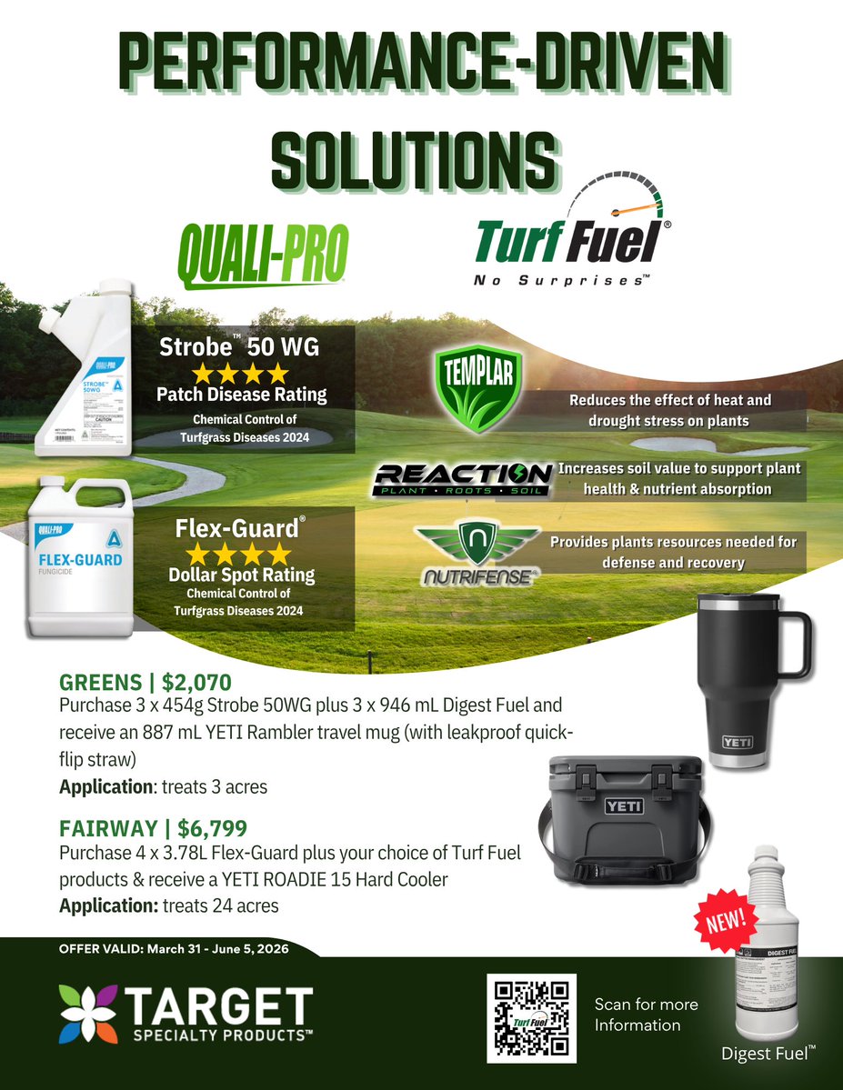 Upgrade your turf program and your gear! ⛳️🥤 Score a FREE YETI Rambler or ROADIE 15 Cooler when you purchase our GREENS or FAIRWAY bundles. 

📅 Offer valid until June 5, 2026 across Canada!
Scan the QR code or DM us to secure your bundle today!