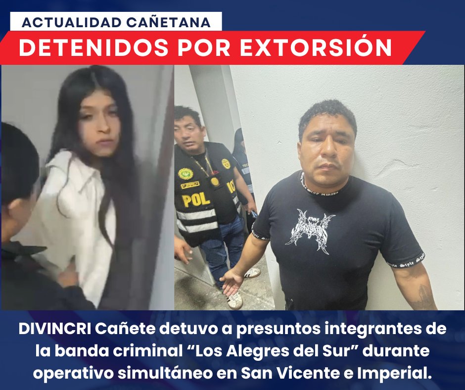 JUVROH's tweet photo. 🚨👮‍♂️ DETIENEN A PRESUNTOS INTEGRANTES DE “LOS ALEGRES DEL SUR” EN #CAÑETE

👮‍♂️ Capturan a presuntos integrantes de banda criminal en Cañete.

📱 Incautaron celulares y laptop.

⚖️ Caso sigue en investigación.

📲 Infórmate más aquí 👇🏼

👉🏼 Click aquí https://t.co/75gdAvapH9 https://t.co/0YW5kBsVaU