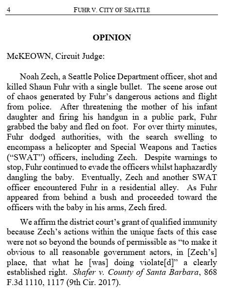After threatening the mother of his baby and firing a gun in a park, a man led police on a 30 minute chase that included helicopters and SWAT. He was shot while dangling a baby in an alley. Qualified immunity: no money to the wild man.