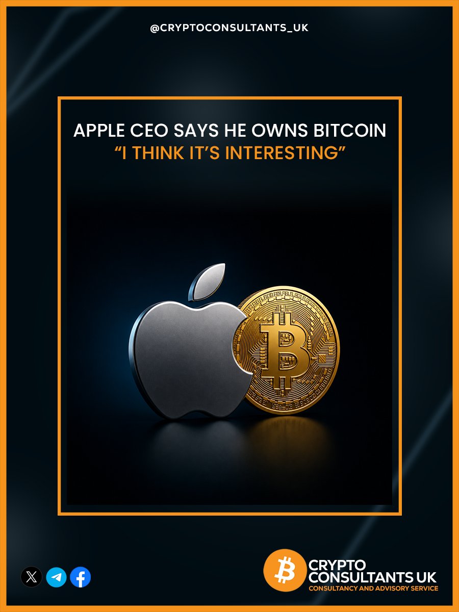 CryptoC_UK's tweet photo. 🔥Tim Cook has confirmed that he personally owns Bitcoin and finds it "interesting."🔥

This signals a broader shift in mindset among top tech leaders, where crypto is no longer being ignored or dismissed.

 Key takeaways:
The Apple CEO personally holds Bitcoin
He describes Bitcoin as "interesting" and worth paying attention to
Major tech leaders are increasingly focusing on the crypto space

🔥 The message is clear: Bitcoin is no longer a fringe experiment. It is now on the radar of global tech leadership and mainstream finance.

📞 Book your FREE strategy call today and get expert guidance tailored to your goals.

🔗https://t.co/vuGLmzImlB