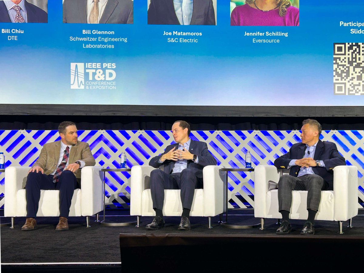 SandCElectric's tweet photo. Great discussion at the IEEE PES T&amp;D super session with Joe Matamoros on the future of grid automation. Strong reminder that centralized systems and edge intelligence aren’t competing—they’re complementary when used for the right jobs. https://t.co/lGFnOJOeI8