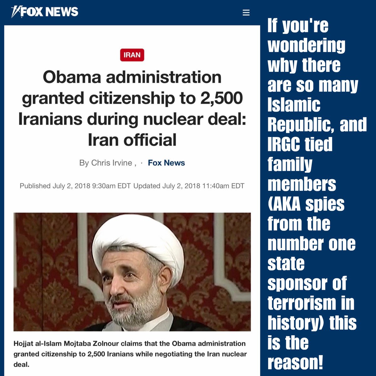 AbteenVaziriTX's tweet photo. Obama @BarackObama was giving them Nukes AND threw in a deal sweetener to allow all of their spies in the United States! Now you understand what @realDonaldTrump enacted the Iranian travel ban! #TRAITOR https://t.co/n1hvBdc90K