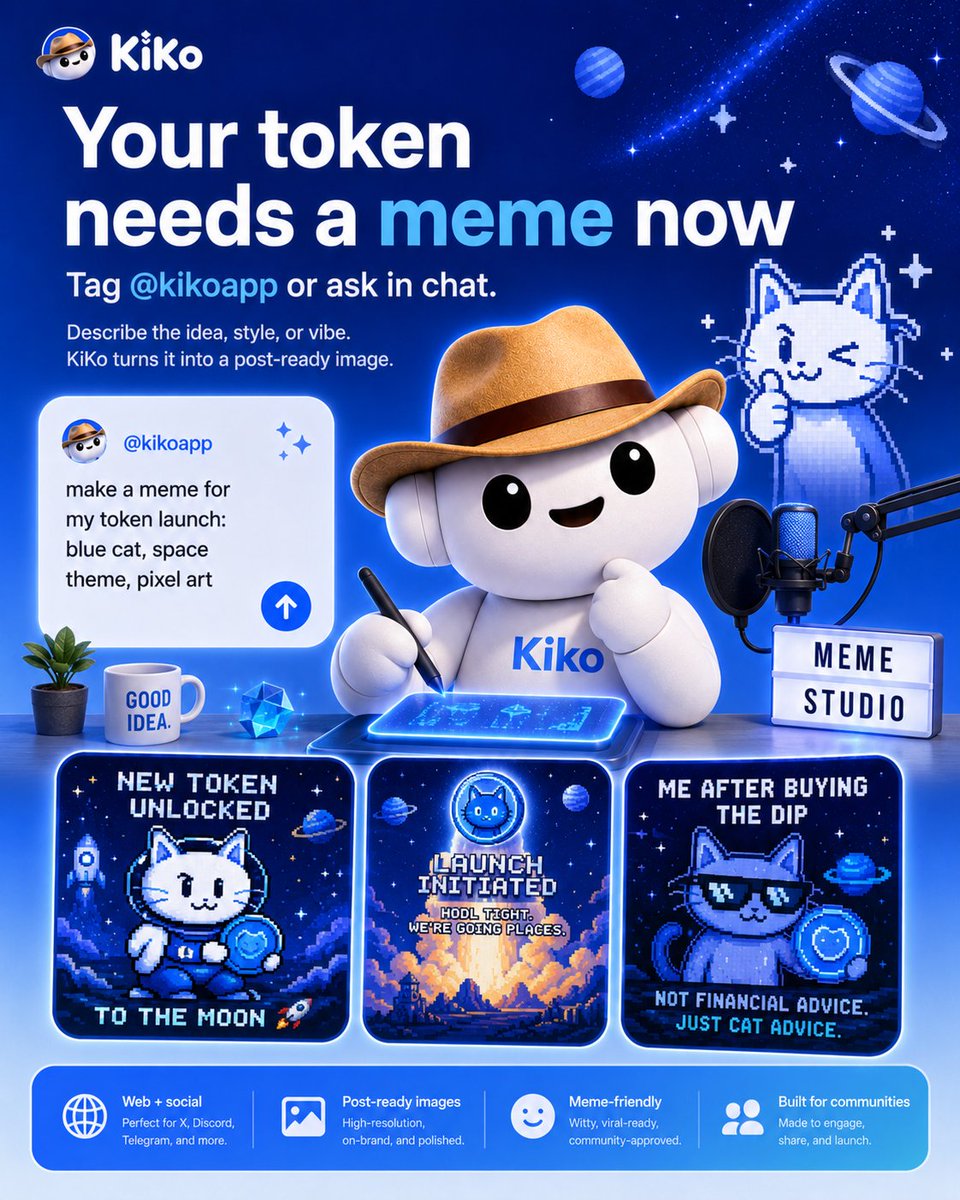KiKoappdev1's tweet photo. Your token does not need “marketing later.” It needs a meme now.

Use KiKo in the web app or tag @kikoapp on social.

Try: “make a meme for my token launch: blue cat, space theme, pixel art”

KiKo turns the idea into a post-ready image. Vibes first. Volume later. https://t.co/oIq7YiSzIL