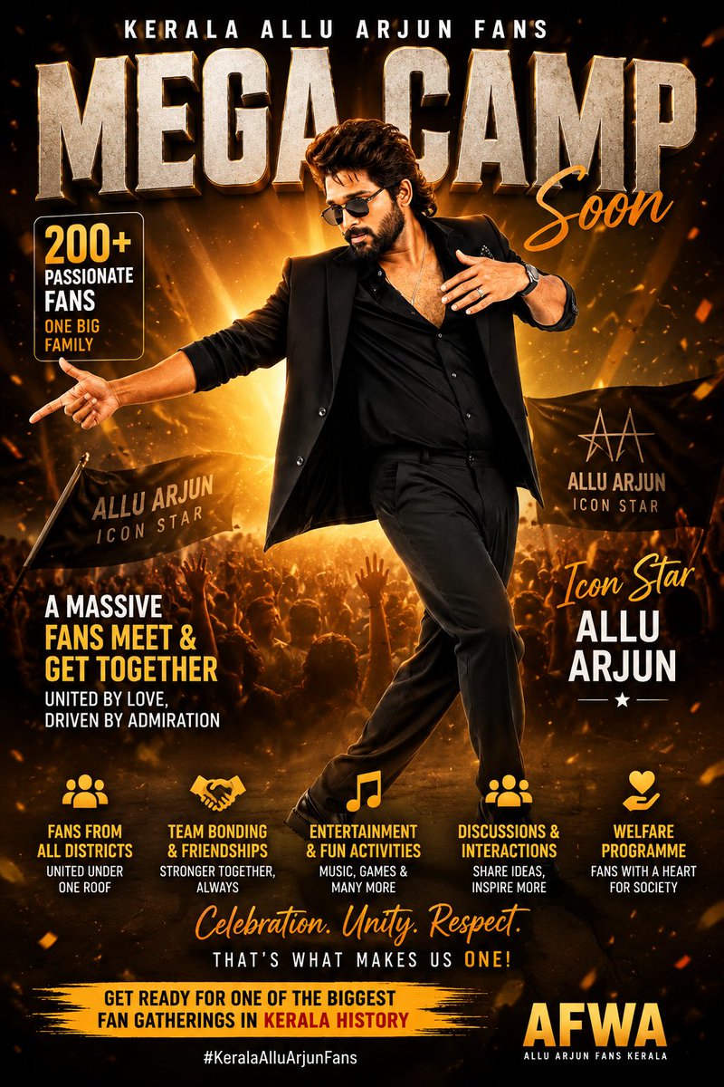 MalluArjun_Army's tweet photo. Kerala #AlluArjun Fans Mega Camp SOON

A massive Fans Meet &amp; Get Together bringing together 200+ passionate fans of #MalluArjun 

An unforgettable gathering filled with celebration,unity, fun &amp; powerful fan energy Get ready for one of the biggest fan gatherings in Kerala history https://t.co/zzBfBCl1fQ