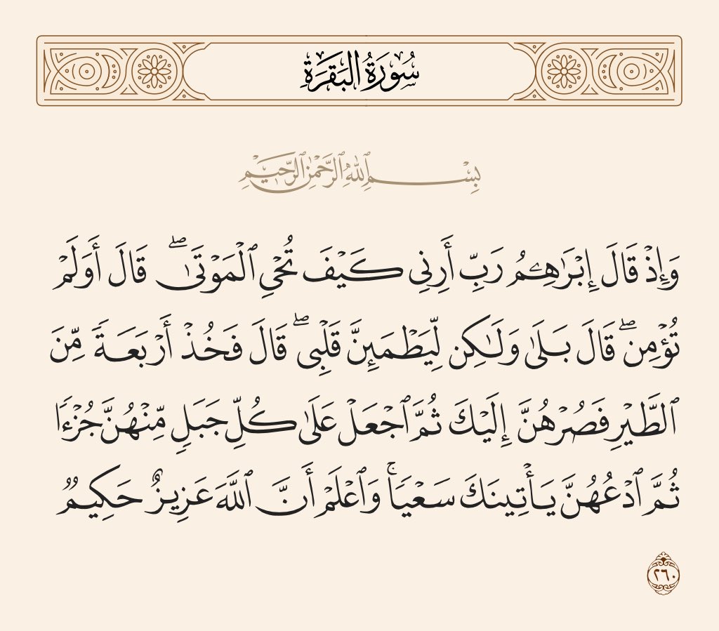 هذي اكثر آيه تلامسني واكثر ايه حنونه ومؤثرة لي ،ابراهيم عليه السلام وهو مؤمن بوجود لله ويعبده حق عباده ونبي مرسل طلب من ربي طلب كان المراد فيها ( ليطمئن قلبي )اشتاق قلبه للطمأنينة والقرب والسكينة، اللهم اني اشتاق لطمأنينةً منك اللهم طمئن قلبي وقلوب عبادك