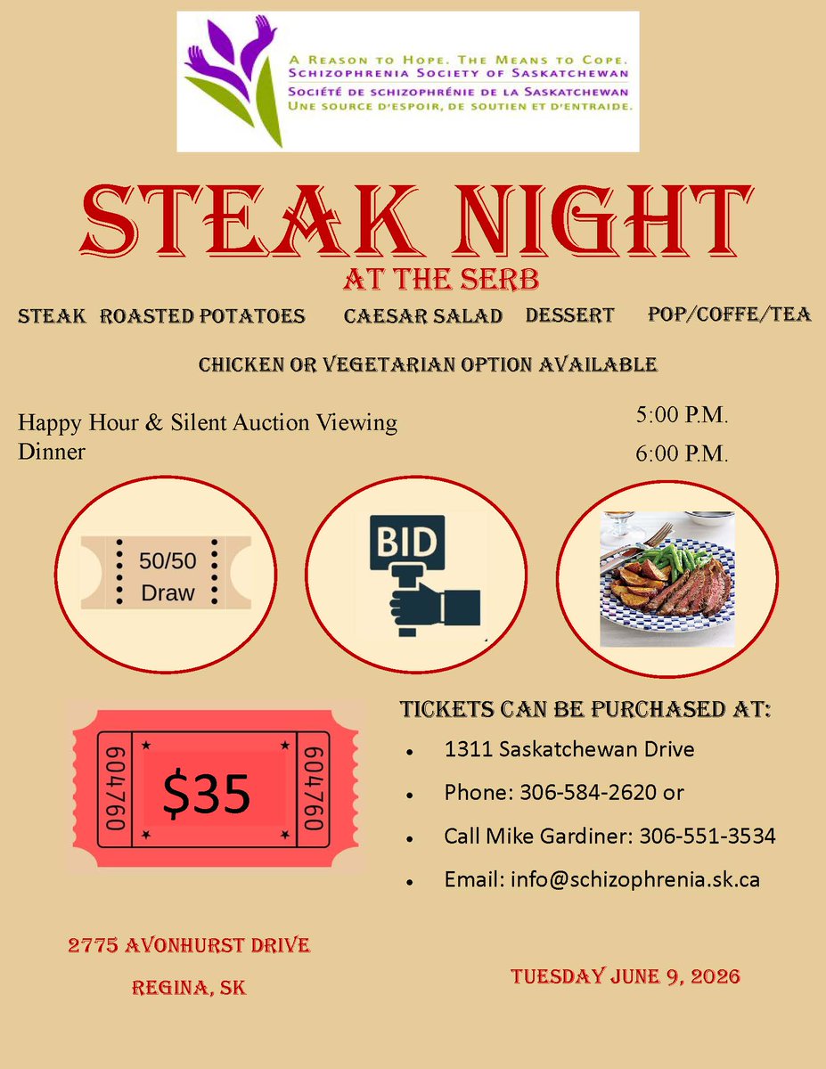 SZSask's tweet photo. Saddle up and join us on June 9th at the Serb Club in Regina for our awesome Steak Night Fundraiser! 🤠🥩 Round up your friends and come enjoy a great evening in support of the Society!  Contact us using the details listed to grab your tickets today! https://t.co/COHrMmryR7