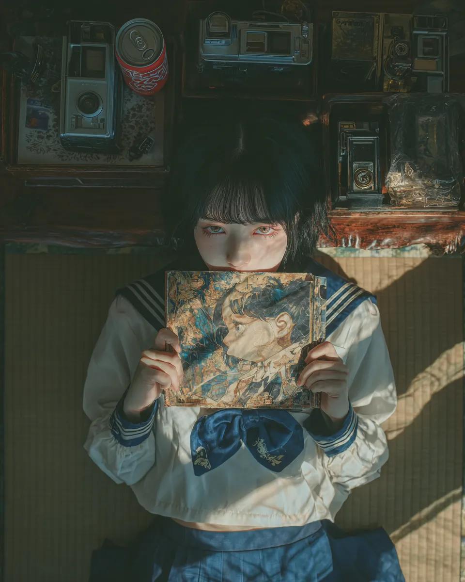 Ciri_ai's tweet photo. GPT Image 2 on Chatgpt 

Prompt: A Japanese teenage girl wearing a white sailor school uniform with a navy blue collar, lying on a traditional Japanese tatami floor, staring directly at the camera while holding a manga book in front of her face, covering her mouth and chin so that only her eyes and part of her nose are visible. Overhead top-down camera angle directly above her. Long black hair naturally spread across the tatami mat. Surrounded by vintage analog cameras, a retro cassette tape recorder, disposable camera, Japanese soda can, and small aesthetic accessories. Warm afternoon sunlight streaming through a window, creating dramatic striped shadows. Cinematic lighting, nostalgic Japanese youth aesthetic, moody atmosphere, soft shadows, photorealistic, realistic skin texture, ultra detailed, editorial photography style, 35mm film look, cozy retro Japanese room, authentic tatami texture, shallow depth of field, high realism.

Negative prompt: blurry, low quality, extra fingers, bad anatomy, distorted hands, duplicate objects, deformed face, extra limbs, overexposed, watermark, text artifacts, anime, cartoon, CGI