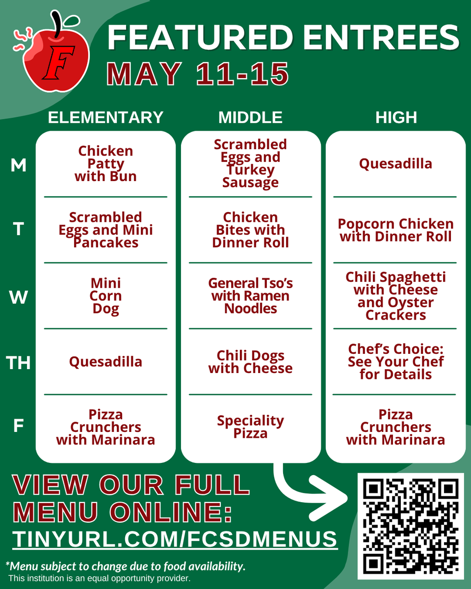 FCSDFoodService's tweet photo. At @FCSDNews, we're more than just a lunch option – we're a partner in your family's wellness journey. 🍽️❤️

Please see our complete menu on our website: https://t.co/J0OwYsqSwe

*Menus are subject to change due to food availability. Thank you for your patience and understanding! https://t.co/CXygFiugCX