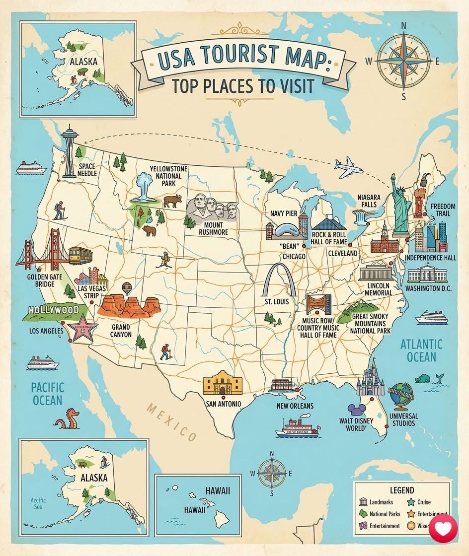 CataPaul2's tweet photo. USA Tourist Map 🇺🇸✨

Discover The Diversity Of United States — Where Iconic Cities, Natural Wonders And Unforgettable Road Trips Await 🌎

📍Start In New York City, Visit The Statue Of Liberty And Explore The Vibrant Streets Of Times Square 

📍Head To Washington D.C. To See The Lincoln Memorial And Historic Landmarks 

📍Experience Natural Beauty At Niagara Falls And The Breathtaking Grand Canyon 

📍Explore The Entertainment Capital Los Angeles And Walk Along Hollywood’s Famous Streets 

📍Don’t Miss Golden Gate Bridge Or The Excitement Of Las Vegas Strip 

📍For Nature Lovers, Visit Yellowstone National Park Or The Stunning Great Smoky Mountains 

From Coast To Coast, The Usa Offers Endless Adventures And Unforgettable Memories ❤️✨