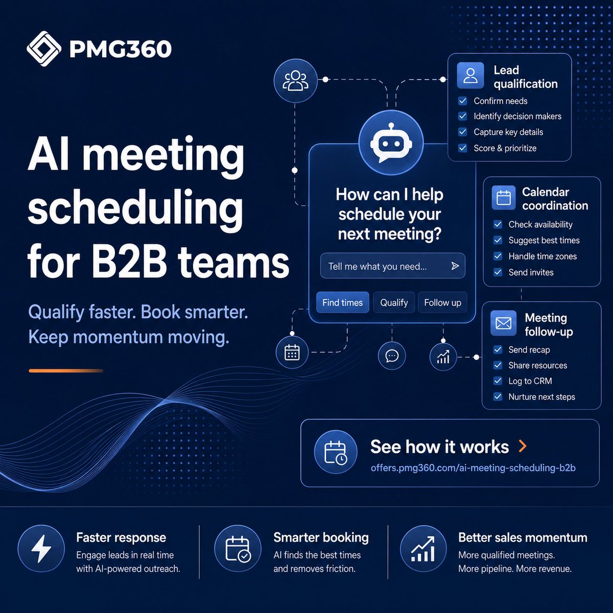 PMG_360's tweet photo. AI agents are starting to change how B2B teams handle the small but critical moments in the sales process.

One of those moments is meeting scheduling.

See how AI meeting scheduling can support your sales process here.
https://t.co/7AZlG0wTOj https://t.co/Kx64Liab2n