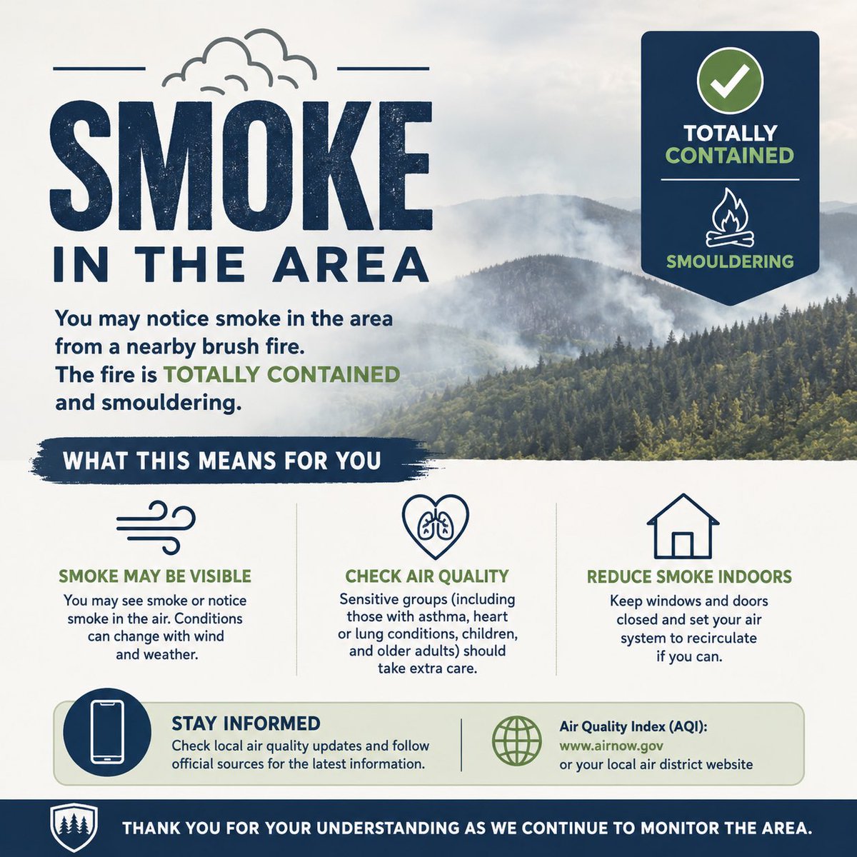 HernandoCoFire's tweet photo. ⚠️ Smoke Condition Update ⚠️
We are receiving numerous calls for smoke and odor investigations in the Weeki Wachee area and along the SR 50 corridor. The smoke is coming from a fully contained smoldering brush fire in the Chassahowitzka Wildlife Management Area west of US19 behind Glenn Lakes. The fire continues to smolder in swamp land that can not be fully extinguished. Winds coming from the west is pushing the smoke inland and smoke conditions may continue for several days. 

We are asking the public to not call reporting the smell of smoke in the area unless you see active flames. @FFS_Withlacooch rangers are continuously monitoring the fire area and there is no threat to homes or surrounding forest land.