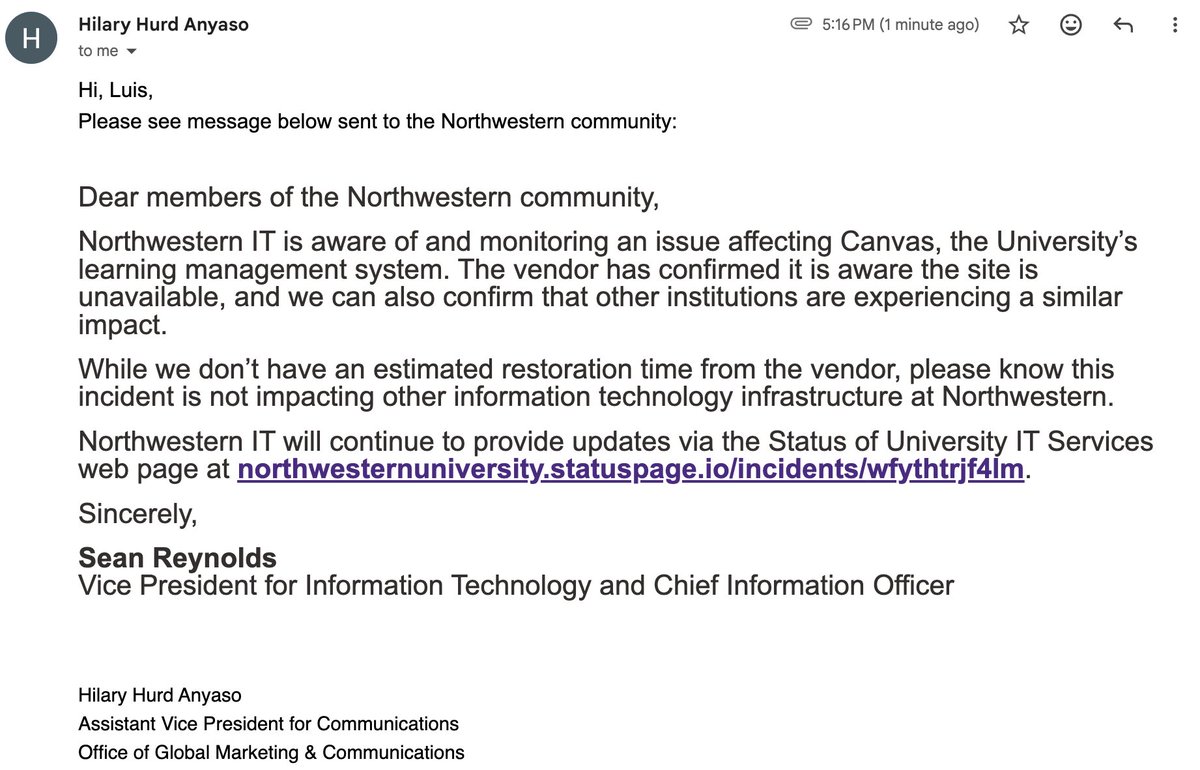 LuisCNews's tweet photo. An NU spokesperson tells me that Canvas does not have an estimated time for restoration. The Canvas webpage for students is still showing an error message. https://t.co/j8cco9FBLz
