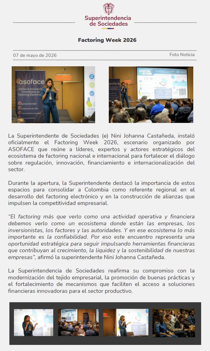 SSociedades's tweet photo. La Superintendente de Sociedades (e) Nini Johanna Castañeda, instaló oficialmente el Factoring Week 2026, escenario organizado por ASOFACE que reúne a líderes, expertos y actores estratégicos del ecosistema de factoring nacional e internacional para fortalecer el diálogo sobre regulación, innovación, financiamiento e internacionalización del sector.