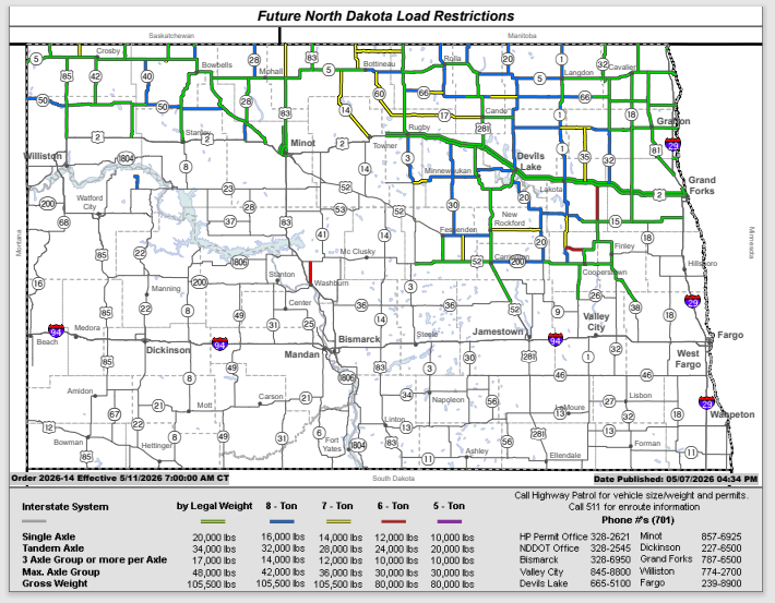 NDPermits's tweet photo. New map going into effect Monday morning at 7 am CST. To avoid ton mile fees in affected areas please wait until 7:15 am on Monday morning to purchase your permits.  #NDHP https://t.co/8uayKu42Tv