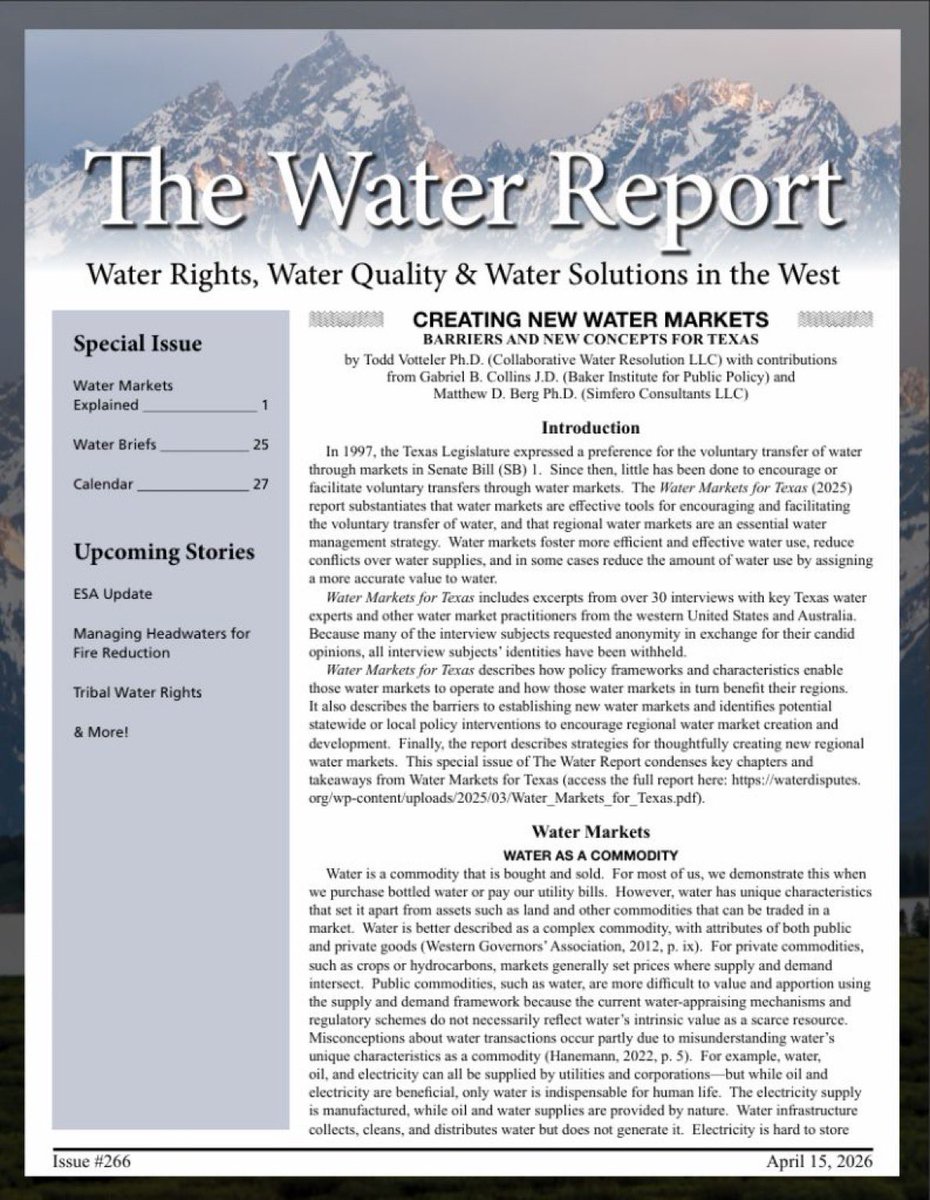 WaterDisputes's tweet photo. Thank you @TheWatrReportUS for featuring a summary of the solutions that were developed as part of a study I led for @Texas2036 on #watermarkets, which was funded by Lyda Hill Philanthropies.

Click here to check out the special feature issue: https://t.co/844bAH3N11 https://t.co/F5H66Vsr56
