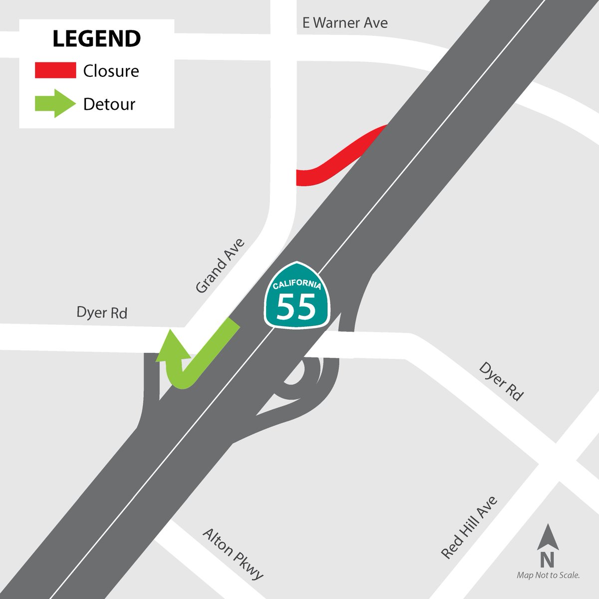 Crews are expected to reconstruct the southbound SR-55 Dyer Road straight off-ramp, which will require an extended closure of the ramp. The off-ramp is expected to close as soon as 9 p.m., Tuesday, May 12 and reopen to motorists by 9 p.m., Friday, May 22.