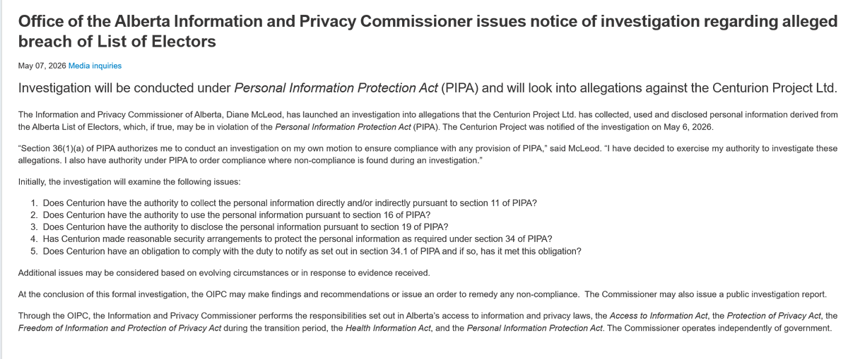 Alberta's privacy commissioner has now launched an investigation into the Centurion Project.

"I have decided to exercise my authority to investigate these allegations. I also have authority under PIPA to order compliance where non-compliance is found during an investigation."