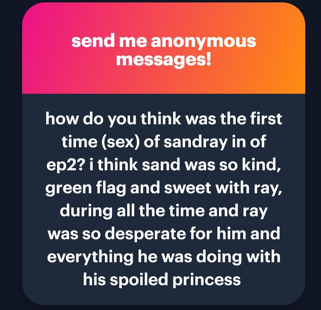 i think they started out on the couch (maybe a bj) then ray realized he had no lube so they sneaked up to his room and kept going from there hehe. i think it was fast and wild and fun, pent up energy released. whining on rays part and teasing from sand but playful too 🥰