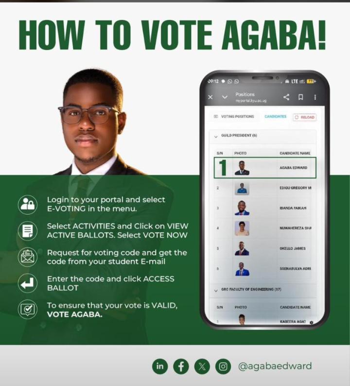 UYDsecretariat's tweet photo. Best wishes to our comrade AGABA EDWARD  @kyambogou.  
Dear students come out in massive numbers and vote for visionary, accountable, and people centered leadership.
Your vote is your voice, your power, and together we shall win for the future of Kyambogo and all Young Democrats https://t.co/vPSSAZoEsF