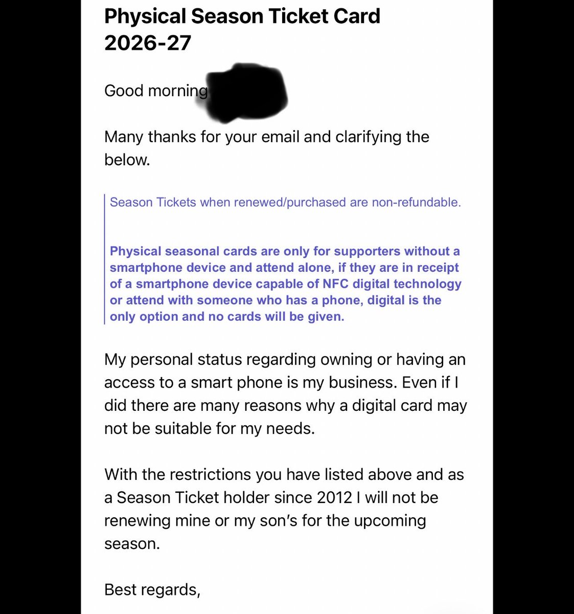 milly605's tweet photo. @BristolCity @BristolCitySLO @BristolCity I want to renew but want a physical card and I shouldn’t have to justify why. Contacted the club via email and had two different responses. https://t.co/N0n61xBT9Y