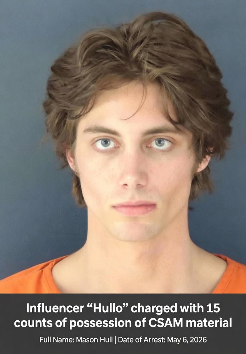 GUARDATOfficial's tweet photo. The Sarasota County Sheriff’s Office (SCSO) announced the arrest of 18-year-old Mason Hull, an influencer known online as “Hullo,” on May 6, 2026.

According to SCSO, Hull was charged with 15 counts of possession of child sexual abuse material after detectives reviewed evidence from his mobile phone.

It is critical to understand:
▪️Popularity is not proof of safety.
A large following is not a character reference. Predators can hide behind normal-looking accounts.

▪️Exploitation can hide behind links and file-sharing. 
What looks like ordinary online activity can be used to access, trade, or distribute abusive material.

▪️Prevention starts with awareness. 
Parents and communities need to know the warning signs, ask better questions, and report concerns early.

GUARD exists to help communities recognize grooming, exploitation, and trafficking before another child is harmed.

Thank you to the @SarasotaSheriff Office and the investigators working to protect children and hold offenders accountable.

To report suspected child sexual exploitation:
National Center for Missing & Exploited Children CyberTipline
1-800-843-5678 
https://t.co/WJidPPGGSu

If a child is in immediate danger, call 911. 

🔗 in the comments

#guardagainsttrafficking #protectchildren #awarenessmatters

@ali_hopper @JarrodSadulski