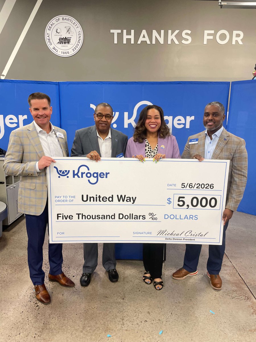 uwmidsouth's tweet photo. United Way of the Mid-South was proud to join the ribbon-cutting celebration for the newly renovated Kroger Bartlett Kirby Whitten location. 

During the celebration, Kroger also presented a generous check to United Way to help support families across the Mid-South. https://t.co/FZrweogkUN