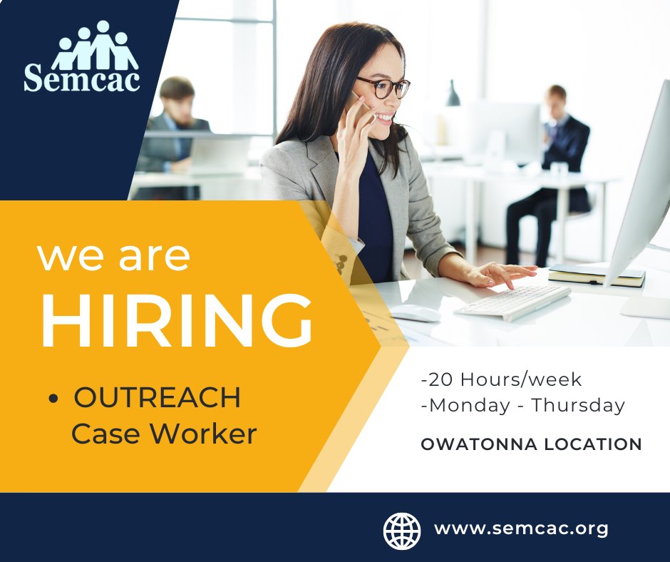 Semcac's tweet photo. 📢 Now Hiring: Outreach Services Case Manager 📢
Semcac is seeking a compassionate &amp; organized Outreach Services Case Manager to support individuals and families in need in our community. 
💙 Join our team making a real difference every day
👉 Apply TODAY: https://t.co/2EnVoHD66U https://t.co/VFKeo4dSMP