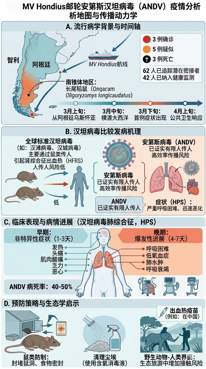 HotmailfromSH's tweet photo. 「医学科普：邮轮汉坦病毒事件 到底意味着什么？」

这次引发全球关注的，并不是普通汉坦病毒，而是较特殊的：“安第斯汉坦病毒。”

它最大的特点是：

少数情况下，可以发生“有限人传人”。这也是此次事件被 WHO 与多国卫生部门高度关注的核心原因。

目前事件进展（截至 5 月）

MV Hondius邮轮已报告：

3 例确诊；
5 例疑似；
3 例死亡。

已追踪潜在密接者：62 人
已纳入健康监测：42 人

目前确认毒株为安第斯汉坦病毒，该毒株主要流行于阿根廷、智利等南美地区。而此次邮轮正是从阿根廷出发横渡大西洋。

为什么它与普通“鼠疫式汉坦病毒”不同？

多数汉坦病毒，主要通过鼠类传播，人与人之间几乎不会传播：

传播方式通常是：
1、吸入被鼠尿、鼠粪污染后的气溶胶；
2、接触污染环境；
3、极少数经食物污染传播。

但安第斯病毒是目前少数被证实可以有限人传人的汉坦病毒，已有研究发现以下：

密切生活接触；
长时间共处密闭空间；
接触患者呼吸道分泌物。

可能会增加传播风险。不过目前仍属于“低效率传播”，并不像COVID-19那样容易在人群中持续扩散。

因此WHO 当前评估：全球公共卫生风险仍较低！

这种病为什么危险？

安第斯汉坦病毒会导致汉坦病毒肺综合征,其特点是：

前期像“普通感冒”，发热、头痛
、肌肉酸痛、乏力、恶心腹泻，但危险在于后期可能突然“肺崩”，短时间内迅速出现呼吸困难
、低氧、肺水肿、重症肺炎、呼吸衰竭，病死率可达40%～50%！这也是此次邮轮事件死亡较快的重要原因。

那么，目前中国国内需要担心吗？

暂时不用过度恐慌。目前邮轮上无中国公民，无中国相关密接报告，尚无国内输入病例证据。

但要说明的是中国本身一直存在“本土型汉坦病毒”，在中国常见的是：肾综合征出血热。

和南美安第斯病毒不同，中国类型以“鼠传人”为主，而不是“人传人”。

在中国哪些地区更常见？

从近年来病例分析看仍主要集中于陕西、黑龙江、山东、辽宁、湖南。

宿主主要是黑线姬鼠、褐家鼠。

所以，真正需要警惕的，仍是“鼠类暴露”。尤其是老旧仓库、地下室、农村粮仓等。

这次事件真正值得关注的点，并不是“会不会全球大流行”。而是
它再次提醒了一个事实：

很多高致死率病毒， 最初都来自人类与野生动物生态边界的接触：

包括：
啮齿动物；
蝙蝠；
野生宿主迁移；
极地与生态旅游扩张。

都可能增加新型传播链出现的概率。但目前来看，这次事件仍属于局部聚集性疫情。无需囤药，也无需恐慌。