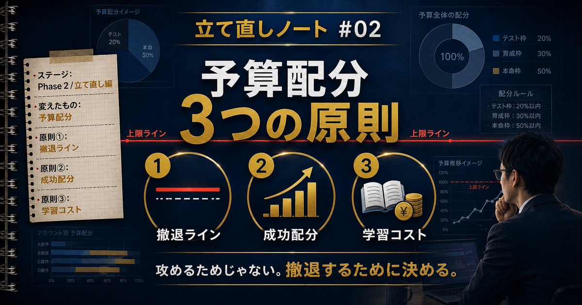 ad_zero_to_one's tweet photo. 立て直しノート #02

20万溶かして気づいた
"予算配分の原則"

✅ 撤退ラインを先に決める
✅ 成功時の配分も決めておく
✅ 学習用の小予算を別建てに

予算は攻めるためじゃなく
撤退するために 決めるもの

↓
https://t.co/uTn9nOENsU https://t.co/ZeTp1eiwwH