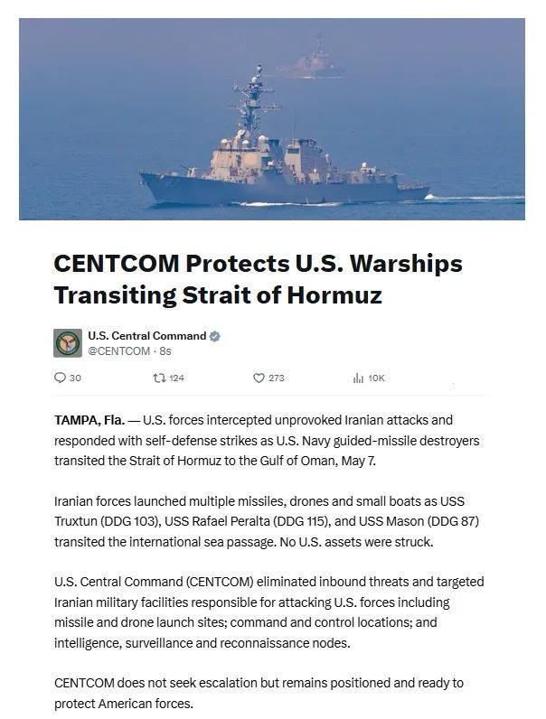 BREAKING: CENTCOM confirms Iranian forces launched multiple missiles, drones, and small boats at U.S. Navy guided-missile destroyers transiting the Strait of Hormuz today.