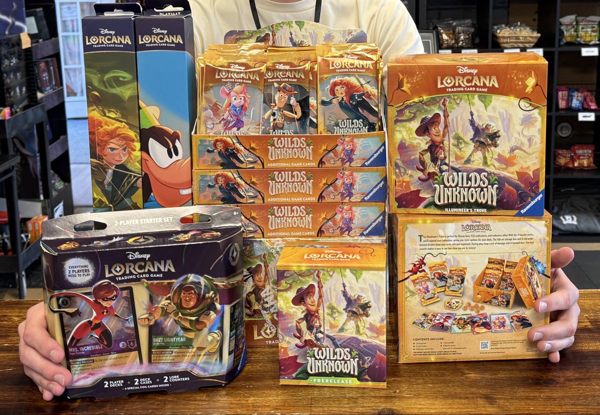 vpcincy's tweet photo. Will have a lot of Lorcana: Wilds Unknown items available for tomorrow’s release (Friday, May 8th)!

You can browse, see prices, &amp; shop online now at: 
https://t.co/GRrXWxdo7P

Rewards for every $ spent. 

Still a couple spots open for the prerelease event Saturday morning too! https://t.co/0QdqvWB5NS