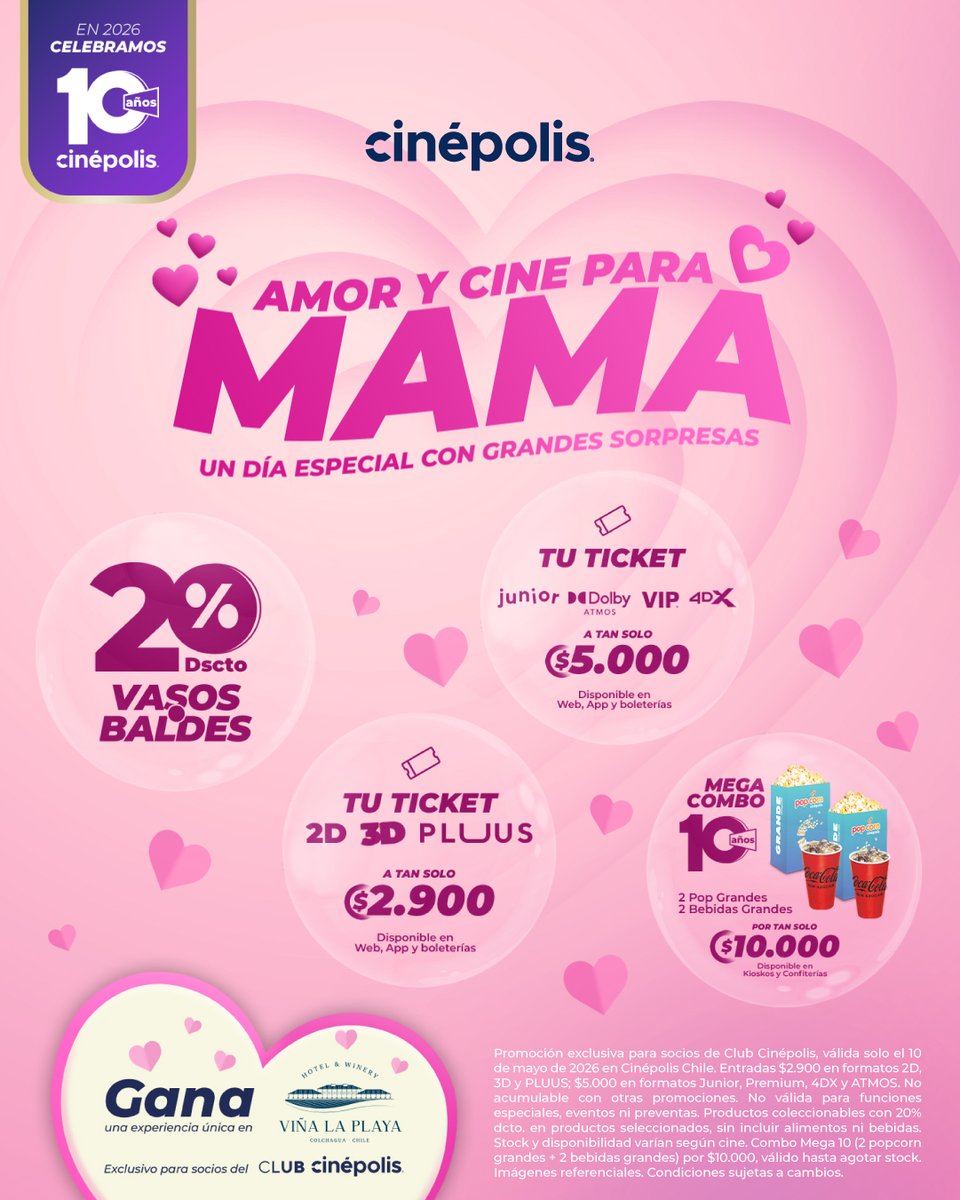 Cinepoliscl's tweet photo. 💖🍿 Este Día de la Mamá, el mejor regalo puede ser una salida al cine

Celebra junto a ella con nuestro Maxi Combo Día de la Madre ✨
🎟️ 2 entradas 2D
🍿 1 Box Pop
🥤 2 bebidas grandes
🍫 1 M&M Grab & Go
Todo por $24.000 💥

Y eso no es todo 👀

Si eres parte del Club Cinépolis y compras tu Maxi Combo Día de la Madre o vienes al cine este domingo 10 de mayo, estarás participando por una experiencia inolvidable gracias a @hotelvinalaplaya_  en Viña La Playa Hotel & Winery 🍷✨

💫 El premio incluye:
🏨 2 noches de alojamiento
🍷 Copa de bienvenida
🍇 Tour y degustación
👨‍🍳 Cena menú del chef

Porque algunas historias se viven en pantalla grande… y otras se convierten en recuerdos 💐

📍 Promoción válida del 7 al 17 de mayo en todos los Cinépolis Chile
🎟️ Compra en https://t.co/fy1c7ooc5B, app y boleterías 🍿

#CinépolisChile #DíaDeLaMamá #ClubCinépolis #10AñosCinépolis #CineEnFamilia