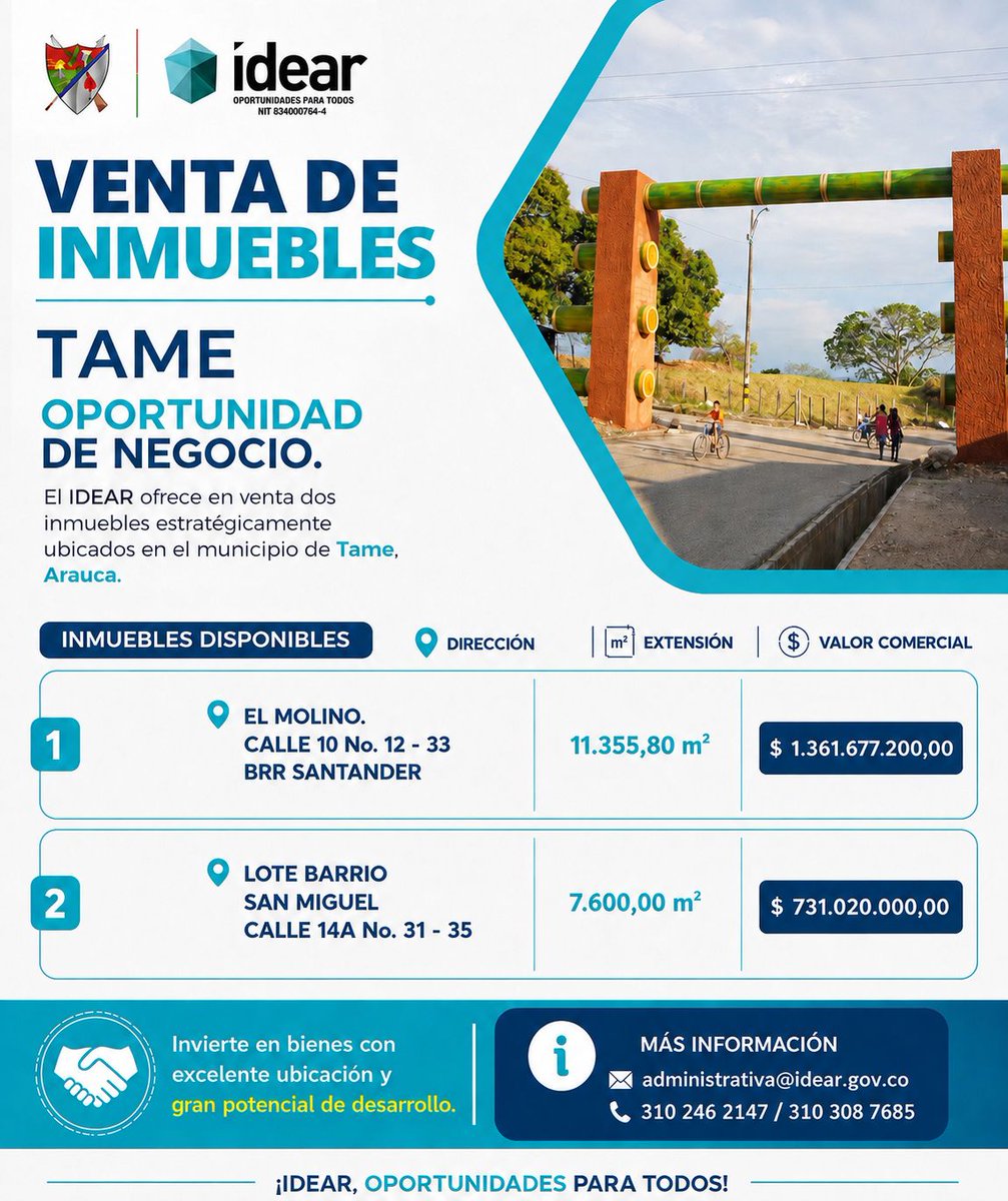 Idear_Arauca's tweet photo. ¡𝐎𝐩𝐨𝐫𝐭𝐮𝐧𝐢𝐝𝐚𝐝 𝐝𝐞 𝐢𝐧𝐯𝐞𝐫𝐬𝐢𝐨́𝐧 𝐞𝐧 𝐓𝐚𝐦𝐞! El #IDEAR tiene en venta dos bienes inmuebles estratégicamente ubicados en el municipio de Tame, ideales para proyectos comerciales, empresariales o de desarrollo urbano.
Detalles aquí: https://t.co/dRfBHXnbYQ https://t.co/fodOs5VnTy