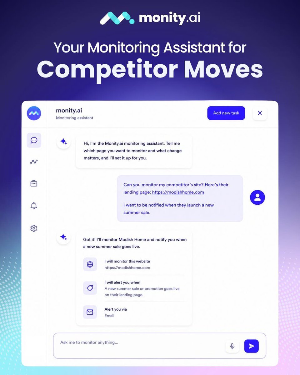 monityAI's tweet photo. Your competitors move fast.
Now you’ll know about it instantly. 👀

https://t.co/YDYeWjeq4w monitors websites for launches, pricing updates, sales, new landing pages, and other important changes - then alerts you automatically

#CompetitorMonitoring #CompetitiveIntelligence https://t.co/SgXmmSRs0U