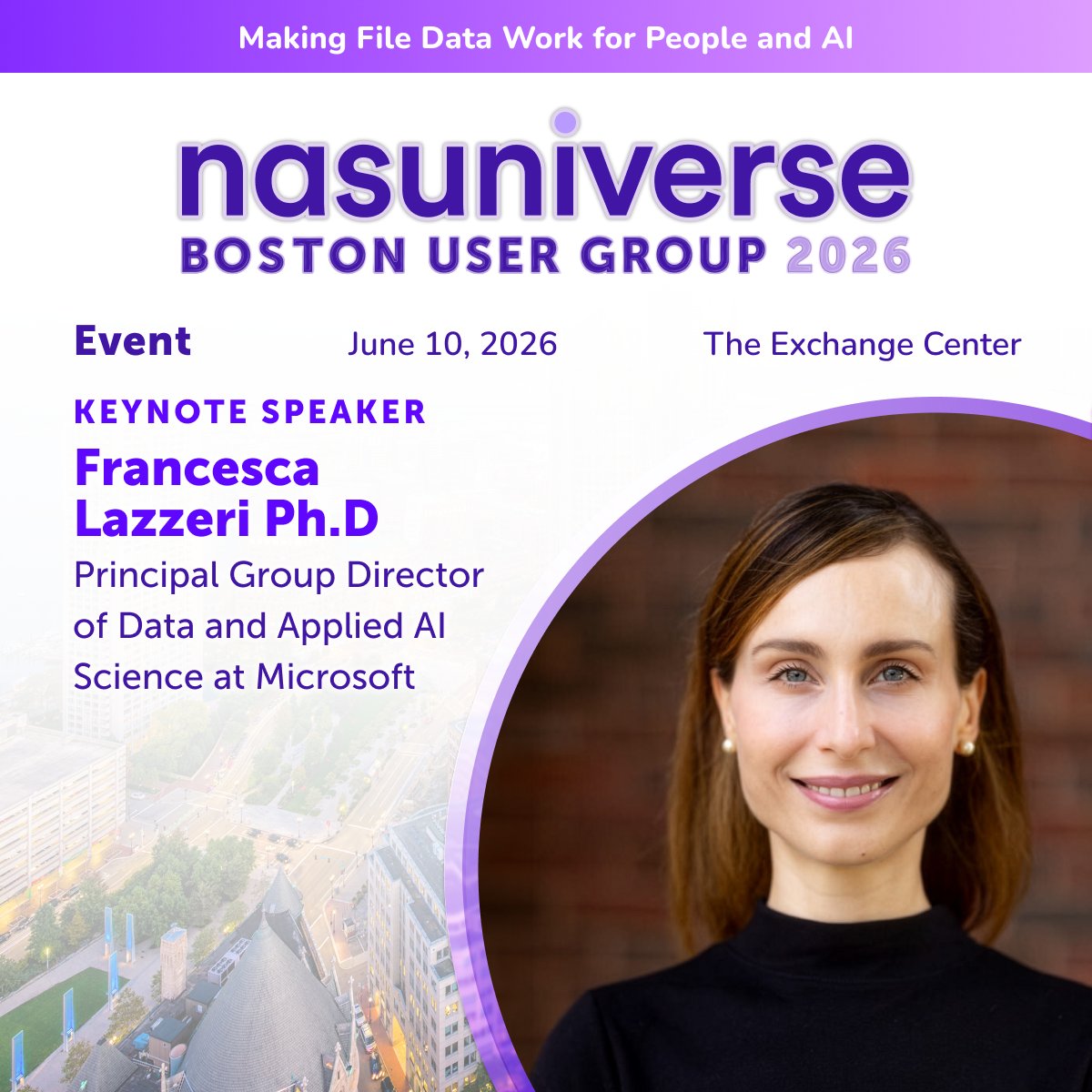 Nasuni's tweet photo. We’re excited to welcome Francesca Lazzeri, Ph.D. — Principal Group Director of Data &amp; Applied AI Science at Microsoft — as our Boston Nasuniverse keynote!

Join us on June 10th to hear how leading organizations are building, evaluating, and scaling AI: https://t.co/wSTMKefdqr https://t.co/efJKKBWEg9