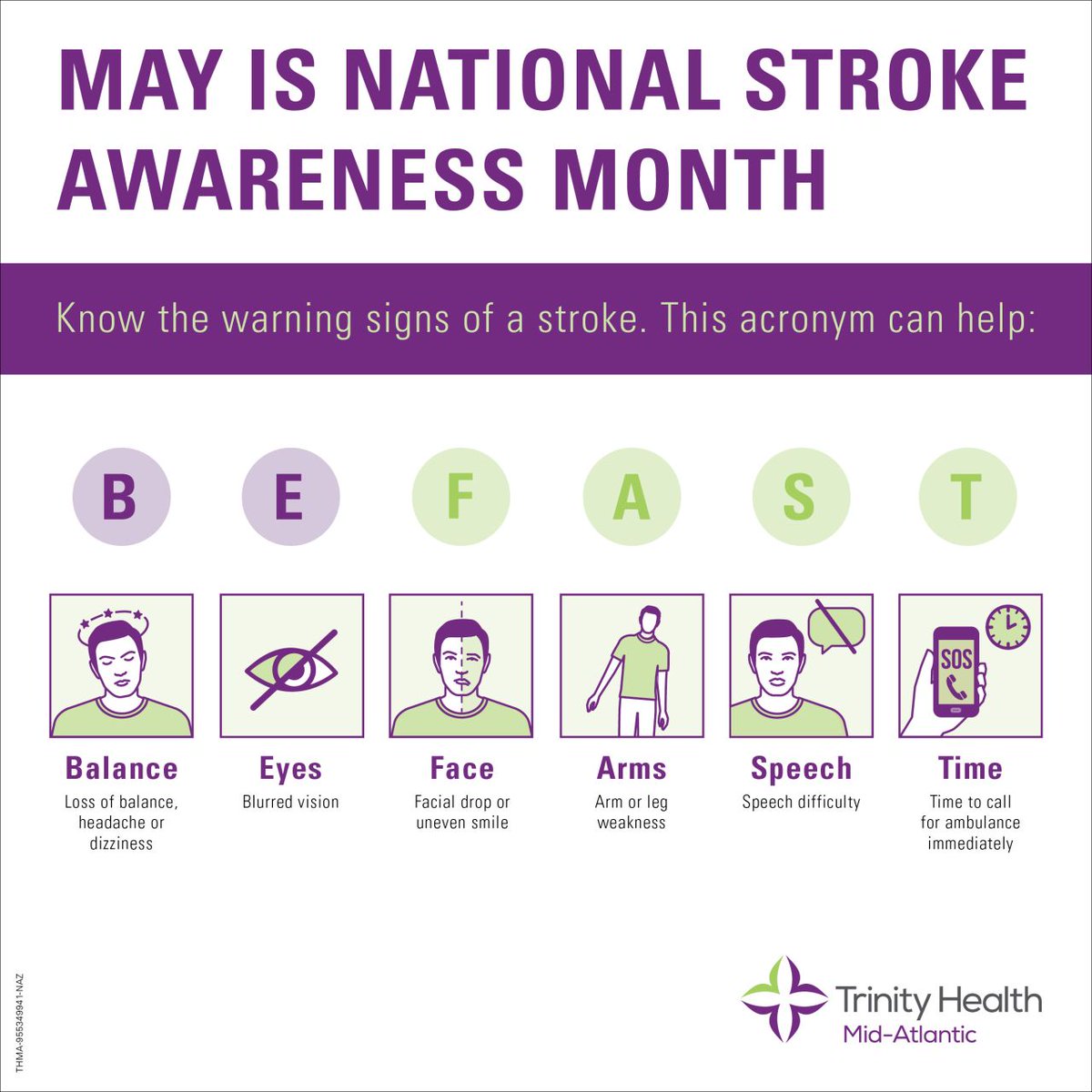trinityhealthma's tweet photo. This month is National Stroke Awareness Month! Know the symptoms of a stroke so that you can act fast if you or someone you know might be having one. The chances of survival are greater when emergency treatment begins quickly. This acronym can help.

#BEFAST #StrokeMonth https://t.co/U3xjridZ2c