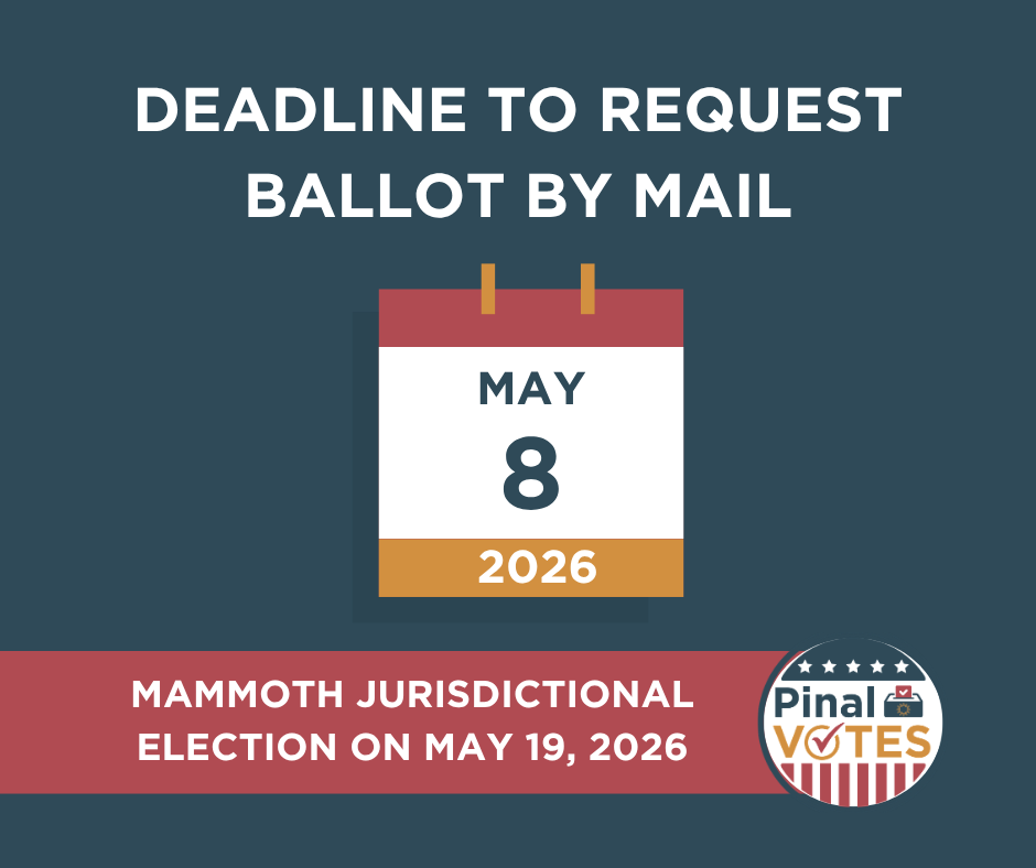 PinalVotes's tweet photo. Mammoth voters! Tomorrow, Friday, May 8, is the deadline to request a Ballot By Mail for the May 19 Jurisdictional Election!

Learn more about the upcoming election at https://t.co/NqVt6IMzo0. https://t.co/QT05TbSOBo