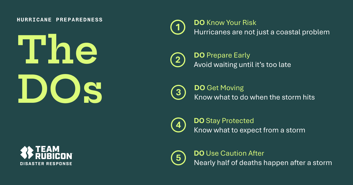 TeamRubicon's tweet photo. Only 25 days until the start of the Atlantic hurricane season. 

It's #HurricanePreparednessWeek and this is your reminder that preparation saves lives. 

Use this list of DOs and take action TODAY to be better prepared for when the worst happens.

Tag a neighbor who needs to see this.

#TeamRubicon #BuiltToServe #DisasterPreparedness
