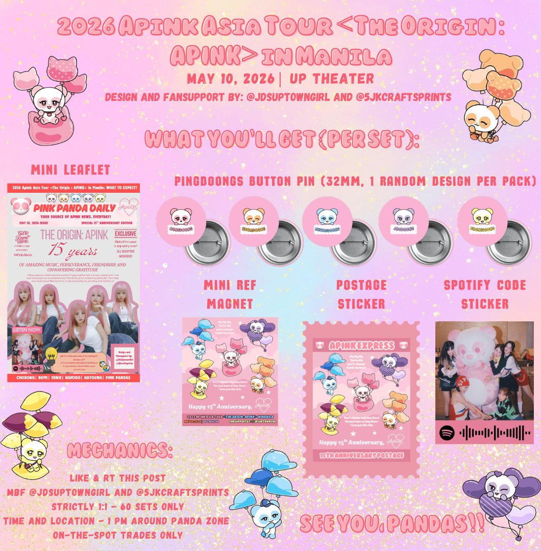 ✨2026 Apink Asia Tour <The Origin : APINK> in Manila ✨
Fansupport by: <a href="/JDsUptownGirl/">𝕶𝖗𝖎𝖘𝖘𝖎𝖊 ✨💚❤️💙</a> and <a href="/5jkcraftsprints/">5JK Crafts and Prints</a>

🔀Pls help RT   
📷See pubmat below for more details
➡️On-the-spot trades only
🐼See you, Pandas! 💖

#Apink #ApinkInManila #The_Origin_Apink_Manila