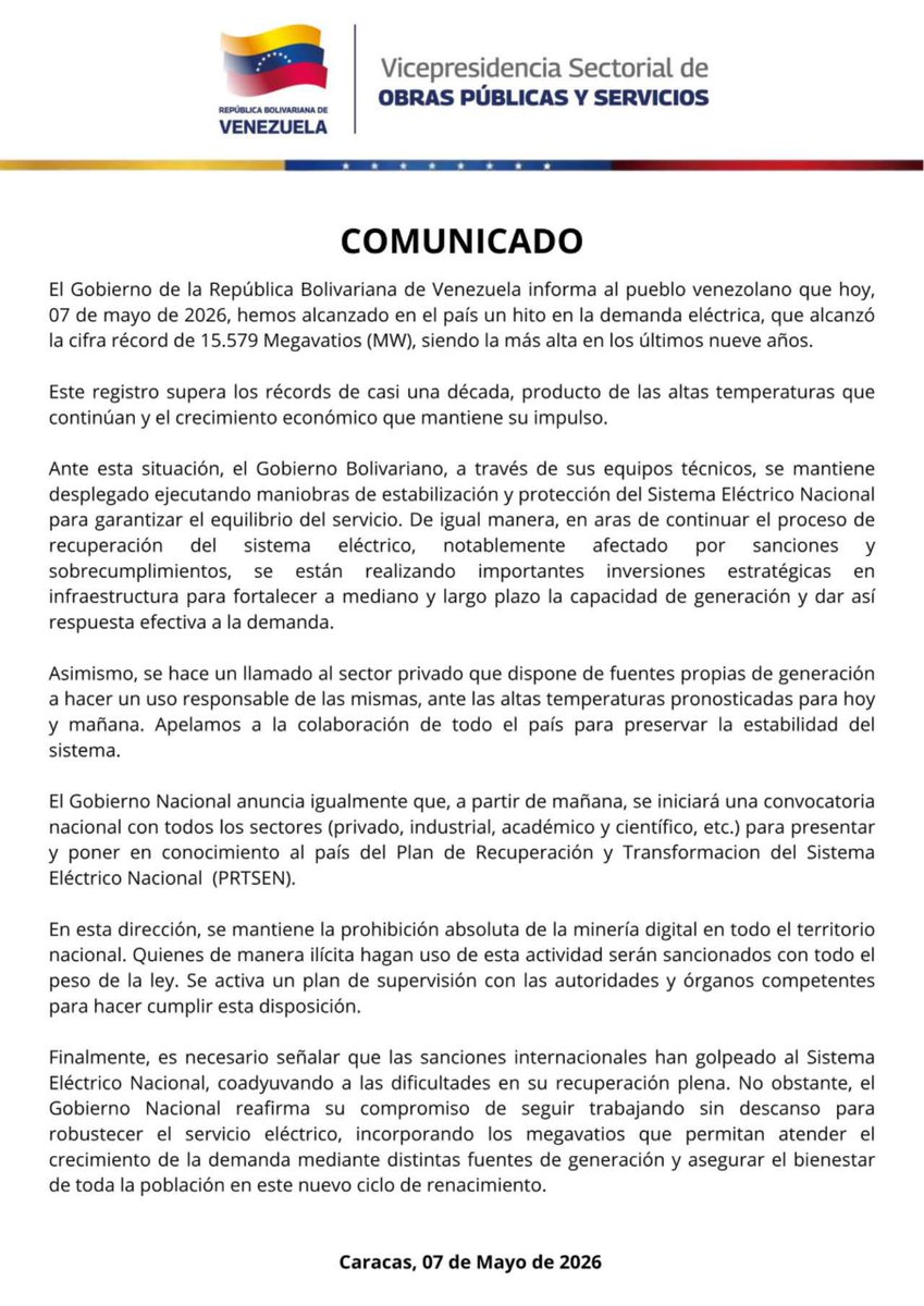 #AHORA | Régimen de Delcy Rodríguez reacciona a la profunda crisis eléctrica en Venezuela.

Dice que las “altas temperaturas” han saturado el sistema, que hay inversiones en curso y pide diálogo con sectores.

Acusa a las sanciones de las fallas eléctricas.